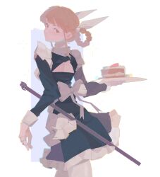  1girl 4qw5 absurdres alternate_costume alternate_hairstyle apron black_dress blonde_hair cake cake_slice closed_mouth doll_joints dress english_commentary expressionless food frills from_behind highres holding holding_tray joints joutouguu_mayumi long_sleeves looking_at_viewer looking_back maid maid_apron medium_hair ribbon solo touhou tray twitter_username white_ribbon yellow_eyes 