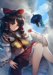  2girls absurdres ascot blue_hair blue_skirt blue_vest bow brown_eyes brown_hair closed_mouth clouds commentary_request detached_sleeves frilled_bow frilled_hair_tubes frilled_skirt frills hair_bow hair_tubes hakurei_reimu highres holding holding_umbrella juliet_sleeves karakasa_obake long_hair long_sleeves midriff multiple_girls nanaironokabi navel puffy_sleeves purple_umbrella red_bow red_skirt ribbon-trimmed_sleeves ribbon_trim short_hair skirt skirt_set smile solo_focus tatara_kogasa touhou umbrella vest yellow_ascot 