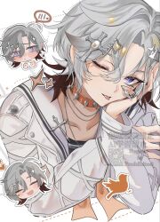  1boy alternate_costume blue_eyes brown_hair collar commentary_request cross_hair_ornament genshin_impact grey_hair hair_ornament highres illuga_(genshin_impact) jacket jewelry long_sleeves male_focus multicolored_hair multiple_views necklace one_eye_closed orange_collar sahi00000 short_hair solo spiked_collar spikes star_(symbol) star_hair_ornament tongue tongue_out white_jacket 