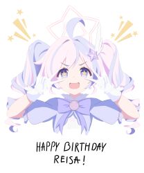  1girl :d absurdres ahoge bacontuber blue_archive bow character_name chest_bow commentary cropped_jacket cropped_torso double_v dress drill_hair earrings english_text frilled_wrist_cuffs frills gloves hair_ornament halo hands_up happy_birthday highres jacket jewelry long_hair looking_at_viewer magical_girl multicolored_hair notice_lines official_alternate_costume official_alternate_hairstyle open_mouth pink_bow pink_hair pink_halo puffy_short_sleeves puffy_sleeves purple_bow purple_dress purple_hair purple_jacket reisa_(blue_archive) reisa_(magical)_(blue_archive) short_sleeves simple_background smile solo star-shaped_pupils star_(symbol) star_earrings star_hair_ornament star_halo straight-on symbol-shaped_pupils twin_drills two-tone_hair v v-shaped_eyebrows v_over_eye very_long_hair violet_eyes white_background white_gloves white_wrist_cuffs wrist_cuffs yume_kawaii 
