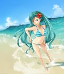  adjusting_swimsuit aqua_eyes aqua_hair bad_id beach bikini dutch_angle flower hair_flower hair_ornament hatsune_miku long_hair obachin solo striped striped_bikini striped_swimsuit swimsuit twintails very_long_hair vocaloid 