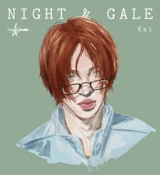  1boy aegyo_sal blue_eyes character_name collared_shirt commentary earphones earphones english_commentary expressionless glasses helga._. highres kai_(shadow_slave) looking_to_the_side male_focus portrait red_hair shadow_slave shirt short_hair solo white_shirt 