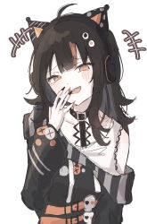 1girl ahoge animal_ear_headphones animal_ears arm_belt asymmetrical_sleeves bare_shoulders belt belt_collar black_choker black_hair black_nails black_sweater cat_ear_headphones cat_ears choker collar commentary_request covering_own_mouth eyeball_hair_ornament fake_animal_ears hand_over_own_mouth headphones highres kasai_(ksichan_25) laughing long_sleeves looking_at_viewer mahou_shoujo_no_majo_saiban multicolored_hair nail_polish off-shoulder_sweater off_shoulder open_mouth orange_eyes orange_nails orange_streaks sawatari_coco sharp_teeth shirt short_hair simple_background single_bare_shoulder skull smile solo streaked_hair striped_sleeves stuffed_animal stuffed_cat stuffed_toy sweater teeth upper_body upper_teeth_only white_background white_shirt 