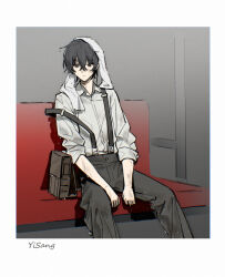  1boy bag black_eyes black_hair black_pants brown_bag bus_interior closed_mouth expressionless highres limbus_company long_sleeves mephistopheles_(project_moon) pants project_moon shirt sitting sleeves_rolled_up solo suspenders uzr_akira wet wet_hair white_shirt yi_sang_(project_moon) 