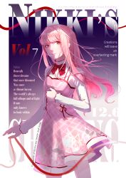  1girl absurdres argyle_clothes argyle_dress bloom_poetry_(shining_nikki) blunt_bangs border bow bowtie brown_eyes bujue_(cao4829025) chinese_commentary closed_mouth commentary_request cover cover_page cowboy_shot cross-laced_clothes cross-laced_dress dress dress_ribbon english_text fake_cover fake_magazine_cover floral_print gradient_background hand_on_own_chest happy highres light_smile lipstick long_hair long_sidelocks long_sleeves magazine_cover makeup nikki_(nikki) nikki_(series) outside_border outstretched_hand pinafore_dress pink_dress pink_hair pink_lips pleated_dress print_dress purple_background red_bow red_bowtie red_ribbon ribbon shining_nikki shirt short_dress sidelocks sleeveless sleeveless_dress solo standing string string_of_fate turtleneck turtleneck_shirt wavy_hair white_border white_shirt 