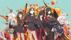  6+girls ahoge anti-materiel_rifle anzio_ironworks_20mm_rifle armband assault_rifle black_choker black_hair black_sailor_collar black_serafuku black_skirt black_thighhighs black_wings blue_archive blue_hair bolt_action bullpup choker closed_eyes double-barreled_shotgun em-2 explosion explosion_background feathered_wings grey_skirt gun hair_ornament hairclip halo hasumi_(blue_archive) head_wings ichika_(blue_archive) lever_action long_hair long_skirt long_sleeves looking_at_viewer low_wings mashiro_(blue_archive) melting_halo miniskirt multiple_girls neckerchief official_art open_mouth p14_enfield pleated_skirt pump_action purple_halo red_armband red_eyes red_halo red_neckerchief reisa_(blue_archive) rifle sailor_collar school_uniform serafuku short_hair shotgun side_slit sig_mcx sig_sauer single_head_wing skirt sniper_rifle standard_manufacturing_dp-12 star_(symbol) star_hair_ornament suzumi_(blue_archive) thigh-highs tomari_(veryberry00) tongue tongue_out tsurugi_(blue_archive) twintails very_long_hair violet_eyes weapon white_hair winchester_model_1887 wings 