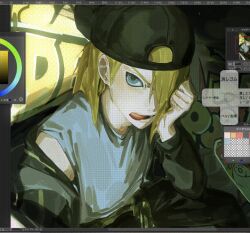  1017gomo9 1boy against_wall art_program_in_frame asymmetrical_bangs backwards_hat bad_id bad_twitter_id baseball_cap black_hat black_pants blonde_hair clip_studio_paint_(medium) clothes_around_waist deidara_(naruto) graffiti hair_down hair_over_one_eye hat jacket licking_lips long_hair looking_at_viewer male_focus naruto_(series) naruto_shippuuden official_alternate_costume pants plaid_clothes plaid_sweater shirt skateboard solo striped_clothes striped_jacket sweater sweater_around_waist tongue tongue_out unfinished vertical-striped_clothes vertical-striped_jacket white_shirt 