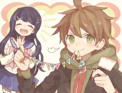  1boy 1girl ahoge blue_hair blue_sailor_collar blush bow bowtie brown_hair clapping closed_eyes commentary_request danganronpa:_trigger_happy_havoc danganronpa_(series) flag green_eyes green_hoodie hair_ornament hairclip happy_birthday holding holding_flag hood hood_down hoodie looking_at_viewer maizono_sayaka mikuni_(open-ranka) naegi_makoto open_mouth pink_bow pink_bowtie sailor_collar school_uniform short_hair teeth upper_teeth_only v-shaped_eyebrows 