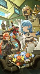  2others 4girls absurdres aqua_eyes bare_shoulders black_gloves blindfold_mask blonde_hair blue_hair clenched_teeth commentary_request dress elbow_gloves fingerless_gloves flower gloves grey_hair grin highres hyny long_hair long_sleeves looking_at_another magus_(zenless_zone_zero) mask mecha medium_hair mole multiple_girls multiple_others open_mouth orange_hair orange_pupils orphie_magnusson pointy_ears robot seed_(zenless_zone_zero) seed_sr. side_ponytail smile soldier_11_(zenless_zone_zero) tail teeth trigger_(zenless_zone_zero) white_gloves yellow_gloves zenless_zone_zero 