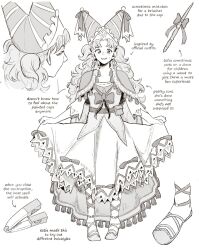  1girl absurdres alternate_costume belt cape clothes_grab clothes_lift commentary double_bun dress english_commentary english_text feet frills full_body greyscale hair_bun hat highres light_blush long_dress long_hair monochrome multiple_views nib_pen_(object) pen portrait ribbon shoes smile sweat tassel tetia_(tongari_boushi_no_atelier) tongari_boushi_no_atelier waist_bag wavy_hair welfshr white_background witch_hat 