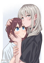  2girls black_choker black_shirt blue_eyes brown_hair choker commentary_request ear_piercing earrings girls_band_cry grey_eyes grey_hair hands_on_another's_head highres iseri_nina jewelry kawaragi_momoka long_hair looking_at_viewer low_twintails minori_13101 multiple_girls open_mouth piercing shirt short_hair short_twintails sweatdrop twintails twitter_username upper_body white_shirt yuri 