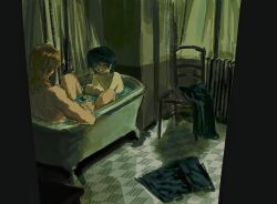  2boys bathroom bathtub chair char_aznable checkered_floor clothes_on_floor commentary_request curtains gundam highres in_bathtub indoors kamille_bidan male_focus multiple_boys muluo0128 nude quattro_bajeena rubber_duck same-sex_bathing shared_bathing zeta_gundam 