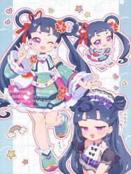  1girl :d ;d blue_hair chibi chibi_inset commentary_request detached_sleeves dress flower frilled_dress frilled_footwear frilled_sleeves frills green_dress green_shoes hair_flower hair_ornament hair_ribbon hair_rings haru_(haru1bc6c4) highres kiratto_pri_chan long_hair long_sleeves melpan_(pri_chan) multicolored_dress multiple_views one_eye_closed open_mouth pink_dress pretty_series red_flower red_ribbon ribbon shoes sleeveless sleeveless_dress smile standing standing_on_one_leg summer_maid_coord twintails v violet_eyes white_dress wide_sleeves 