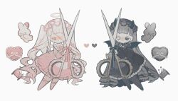  2girls angel angel_wings apron bandage_over_one_eye black_apron black_bow black_bowtie black_dress black_pantyhose blush bow bowtie closed_mouth colored_eyelashes demon_girl demon_horns demon_wings dot_mouth dress expressionless frilled_apron frilled_dress frilled_hairband frilled_socks frills gothic_lolita grey_eyes grey_hair hair_bow hairband halo heart heterochromia highres holding holding_scissors horns lace-trimmed_headwear lace_trim light_blush lolita_fashion low_drills multiple_girls naiguozi original pantyhose pink_bow pink_dress pink_eyes ribbon ribbon-trimmed_dress ribbon_trim scissors sewing_pin socks spool stitches stuffed_animal stuffed_rabbit stuffed_toy sweet_lolita thread twintails white_apron white_bow white_bowtie white_eyelashes white_eyes white_hair white_ribbon wings 