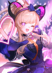  1girl :d ;d absurdres arknights arknights:_endfield blue_gloves bow breasts brown_hair commentary_request concert gloves glowstick hairband half-heart_hands heart highres horns kurokami_nekoya liino_(arknights) long_hair looking_at_viewer one_eye_closed open_mouth partially_fingerless_gloves smile solo star-shaped_pupils star_(symbol) symbol-shaped_pupils upper_body violet_eyes 