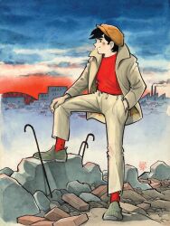  1boy ashita_no_joe black_hair blue_sky bridge building chiba_tetsuya hand_in_pocket hat highres house jacket male_focus non-web_source official_art open_clothes open_jacket orange_hat pants red_shirt red_socks rubble shirt sky smokestack socks sunset yabuki_joe 