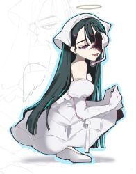  1girl alien_stage bandana blue_outline commentary full_body gloves halo headset heart heart-shaped_pupils highres long_hair m1m1m1_miiii microphone outline pink_eyes shoes solo squatting sua_(alien_stage) sua_(zombie_stage) symbol-shaped_pupils tongue tongue_out very_long_hair white_background white_bandana white_gloves white_shoes wings zombie_stage 