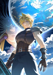  2boys aqua_eyes armor belt black_pants black_shirt blonde_hair blue_eyes brown_gloves buster_sword closed_mouth cloud_strife clouds cowboy_shot eilinna final_fantasy final_fantasy_vii final_fantasy_vii_remake final_fantasy_vii_revelation gauntlets gloves grey_hair hair_between_eyes highres holding holding_sword holding_weapon long_hair multiple_belts multiple_boys pants parted_bangs pauldrons planet ribbed_shirt safer_sephiroth sephiroth shirt short_hair shoulder_armor single_pauldron smile space suspenders sword topless_male weapon 