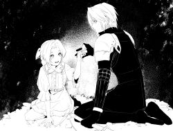  0gong0g 1boy 1girl absurdres aerith_gainsborough aged_down armor black_boots black_gloves black_jacket black_pants boots braid braided_ponytail child collared_dress dress final_fantasy final_fantasy_vii final_fantasy_vii:_ever_crisis final_fantasy_vii_remake flower full_body gloves greyscale hair_ribbon highres holding holding_flower holding_sword holding_weapon jacket kneeling long_hair looking_at_another monochrome open_mouth pants parted_bangs pauldrons ribbon sephiroth sephiroth_(ever_crisis) short_hair shoulder_armor sidelocks smile sword weapon 