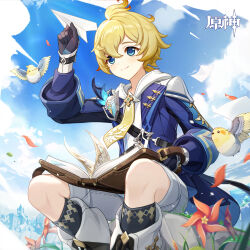  1boy absurdres bird black_gloves blonde_hair blue_eyes blue_jacket book chinese_commentary commentary_request copyright_request feet_out_of_frame flower genshin_impact gloves highres holding holding_paper_airplane jacket long_sleeves male_focus mika_(genshin_impact) official_art paper_airplane petals red_flower short_hair shorts sitting solo white_shorts windwheel_aster_(genshin_impact) 