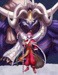  2boys absurdres cape commentary_request demon_boy demon_horns fire_emblem fire_emblem:_the_sacred_stones fire_emblem_heroes fomortiis_(fire_emblem) fomortiis_(winter)_(fire_emblem) fur-trimmed_cape fur_trim highres holding holding_sack horns lyon_(fire_emblem) lyon_(winter)_(fire_emblem) male_focus medium_hair monster multiple_boys official_alternate_costume purple_hair red_eyes sack santa_costume scarf snow snowing venus_xeno 