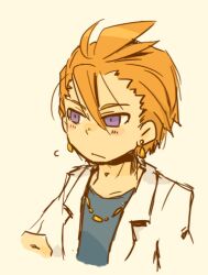 1boy closed_mouth coat commentary_request cropped_torso earrings hair_between_eyes hairstyle_request hand_up jewelry lab_coat looking_ahead lowres male_focus medic_(sekaiju) medic_3_(sekaiju) motimamire necklace open_mouth orange_hair sekaiju_no_meikyuu sekaiju_no_meikyuu_1 short_hair simple_background solo upper_body violet_eyes white_background white_coat 