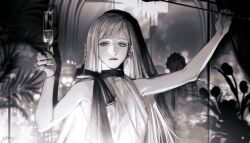  1boy 1girl absurdres bangle bracelet champagne_flute cityscape commentary cup dress drinking_glass earrings gundam gundam:_hathaway's_flash highres holding holding_cup jewelry kenneth_sleg long_hair looking_at_viewer pursed_lips reflection ribbon signature sleeveless sleeveless_dress su2urann swept_bangs upper_body 