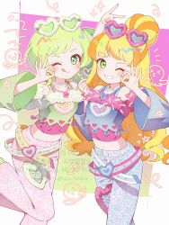  2girls :q ;q blonde_hair blue_pants blue_shirt breasts clothing_cutout crop_top eyewear_on_head fur-trimmed_shirt fur_trim green_eyes green_hair green_shirt grin hair_bun hand_up haru_(haru1bc6c4) heart heart-shaped_eyewear heart_necklace highres himitsu_no_aipri igarashi_julia jewelry long_hair long_sleeves looking_at_viewer midriff mitsuba_airi multicolored_hair multiple_girls navel necklace ok_sign one_eye_closed orange_streaks pants pink_pants pretty_series shirt short_hair shoulder_cutout single_hair_bun small_breasts smile streaked_hair sunglasses tongue tongue_out two-tone_hair undershirt v wide_sleeves 