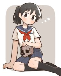  1girl black_eyes black_hair black_socks blue_skirt blush highres kneehighs looking_at_viewer neckerchief original pleated_skirt ponytail red_neckerchief sailor_collar school_uniform serafuku shirt short_sleeves sitting skirt skull socks solo takurada white_shirt yokozuwari 