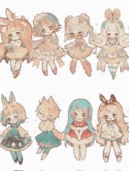  6+girls accurate_lolita_coord animal_ears ankle_lace-up apron bare_shoulders barefoot blonde_hair blue_dress blue_hair blue_pantyhose bow bowtie capelet closed_eyes closed_mouth collared_shirt commentary_request corset_piercing crescent cropped_jacket cross-laced_headwear diagonal-striped_clothes dot_mouth double_bun dress fake_animal_ears frilled_dress frilled_headwear frilled_sleeves frilled_socks frills fur-trimmed_capelet fur-trimmed_dress fur_trim glasses hair_bow hair_bun hat highres kneehighs layered_clothes layered_dress lolita_fashion long_hair long_sleeves monocle moon_phases multicolored_hair multiple_girls naiguozi no_pupils open_mouth orange_hair original own_hands_together pantyhose patterned_clothing pink_dress pink_shoes pleated_skirt puffy_long_sleeves puffy_short_sleeves puffy_sleeves rabbit_ears rabbit_girl red_capelet red_dress red_ribbon ribbon ribbon-trimmed_dress ribbon_trim see-through_clothes shirt shoes short_hair short_sleeves skirt smile socks sparkle striped_clothes striped_pantyhose tail twintails vertical-striped_clothes very_long_hair wavy_hair white_background white_dress white_shirt white_shoes wolf_ears wolf_tail yellow_skirt 