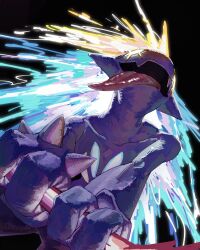  1other black_background dynamax english_commentary furry gigantamax gigantamax_toxtricity glowing glowing_eyes highres open_mouth pokemon pokemon_(creature) puffedpuffes tongue tongue_out toxtricity upper_body 