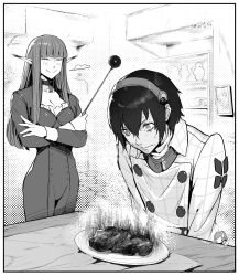  1boy 2girls absurdres blunt_bangs blush choker closed_eyes closed_mouth commentary_request crossed_arms fairy fairy_wings food gallica_(metaphor:_refantazio) greyscale hair_between_eyes hairband highres hulkenberg_(metaphor:_refantazio) indoors jacket long_hair long_sleeves metaphor:_refantazio mini_person minigirl monochrome multiple_girls peperon_(peperou) pointy_ears protagonist_(metaphor:_refantazio) short_hair size_difference smile sweat sweatdrop table wings 