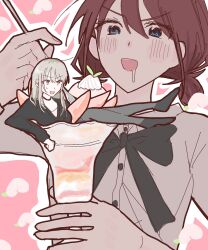  2girls black_bow black_bowtie black_choker black_sweater blue_eyes bow bowtie brown_hair choker commentary_request food girls_band_cry grcr_pometa1118 grey_eyes grey_hair grey_shirt highres iseri_nina kawaragi_momoka long_hair long_sleeves low_twintails mini_person multicolored_hair multiple_girls one-hour_drawing_challenge open_mouth parfait roots_(hair) saliva shirt short_hair short_twintails sweater twintails yuri 