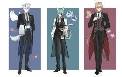  3boys absurdres alternate_costume anaxa_(honkai:_star_rail) animal_ears animal_hands antenna_hair arm_behind_back arm_belt belt black_belt black_jacket black_necktie black_pants black_shoes black_vest blue_background blue_eyes border braid butler buttons cat_boy cat_ears cat_tail chain character_charm charm_(object) clenched_hand closed_mouth collared_shirt commentary crystal_earrings cup dog_boy dog_ears dog_tail dromas_(honkai:_star_rail) earrings empty_eyes eyepatch facial_mark food formal_clothes full_body gloves gold_chain green_background green_hair grey_vest hair_between_eyes hair_ornament hair_tubes hand_on_own_chest hand_up highres holding holding_tray honkai:_star_rail honkai_(series) jacket jewelry kemonomimi_mode lapels lion_boy lion_ears lion_tail long_hair long_sleeves looking_at_viewer low_ponytail male_focus medium_hair multiple_boys mydei_(honkai:_star_rail) necktie open_clothes open_jacket orange_eyes orange_hair outside_border pancake pants papajay_(jennygin2) phainon_(honkai:_star_rail) plate ponytail puffy_long_sleeves puffy_sleeves red_background shirt shoes short_hair side_braid single_braid single_earring single_hair_tube smile standing striped_clothes striped_vest suit suit_jacket tail tea teacup tray untranslatable_commentary vest violet_eyes white_border white_gloves white_hair white_shirt 