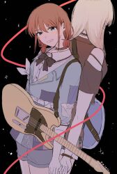  2girls belt black_choker black_shirt blue_eyes blue_nails blue_shorts blush brown_hair choker clothing_cutout commentary_request electric_guitar girls_band_cry grcr_pometa1118 guitar guitar_strap highres instrument iseri_nina kawaragi_momoka long_hair looking_at_viewer low_twintails multiple_girls nail_polish open_mouth shirt short_hair short_twintails shorts shoulder_cutout twintails violet_eyes white_belt 