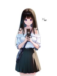  1girl absurdres bag bare_shoulders black_bag black_hair black_skirt blunt_bangs blush cellphone chitanda_eru commentary commission cowboy flip_phone highres holding holding_phone hyouka long_hair looking_at_viewer lvy_1415 off-shoulder_shirt off_shoulder phone pixiv_commission pleated_skirt shirt shirt_tucked_in shoulder_bag simple_background skirt smile solo violet_eyes white_background 
