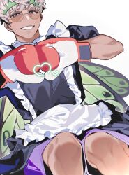 1boy aged_down arurandeisu boxing_gloves butterfly_wings commentary_request dark-skinned_male dark_skin green_eyes green_headband grey_hair headband heart highres hikariemochi holostars insect_wings maid male_focus purple_shorts round_eyewear short_hair shorts smile solo virtual_youtuber wings 