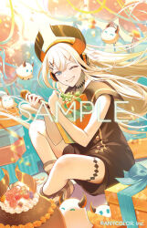  1girl balloon birthday black_dress black_shorts blue_eyes box cake commentary company_name confetti copyright_notice crossed_legs demon_girl demon_horns dress floating_hair food gift gift_box grin hair_ornament hairclip headphones holding holding_microphone horns levi_elipha levi_elipha_(school_uniform) long_hair looking_at_viewer microphone nijisanji official_art one_eye_closed overlighting pjkuasu sample_watermark shorts sitting sleeveless sleeveless_dress smile socks solo striped_clothes striped_socks virtual_youtuber watermark white_hair x_hair_ornament 