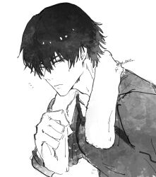  1boy blue_lock closed_mouth commentary_request greyscale hair_down highres karasu_tabito looking_at_viewer male_focus mole mole_under_eye monochrome red_0217 short_hair simple_background solo towel towel_around_neck twitter_username upper_body wet wet_hair white_background 