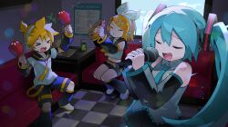  >_< 1boy 2girls :d absurdres arm_warmers bare_shoulders black_arm_warmers black_leg_warmers black_sailor_collar black_shorts black_sleeves blonde_hair blue_hair blue_necktie checkered_floor closed_eyes collared_shirt commentary dancing detached_sleeves double-parted_bangs grey_shirt hair_between_eyes hair_ornament hairclip hatsune_miku highres holding holding_instrument holding_maracas holding_microphone holding_tambourine instrument kagamine_len kagamine_rin leg_warmers long_hair long_sleeves maracas microphone morizo_(morizoshop) multiple_girls necktie o3o open_mouth parallel_hairclips sailor_collar shirt shoes short_hair short_sleeves shorts sitting sleeveless sleeveless_shirt smile standing twintails untranslatable_commentary v-shaped_eyebrows vocaloid white_shirt white_shoes xd 