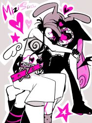  2girls alien_stage angel_wings baseball_cap beanie black_hair black_hat black_leg_warmers black_wings camisole commentary demon_wings earflap_beanie grey_camisole grey_hat grey_socks haru_mnju hat heart highres leg_warmers mini_wings mizi_(akuma)_(zombie_stage) mizi_(alien_stage) mizi_(zombie_stage) multiple_girls pairing_name pink_hair polka_dot polka_dot_socks shorts single_wing sitting sitting_on_lap sitting_on_person socks spiral_print star-shaped_buckle star_(symbol) star_belt_buckle strap_slip striped_leg_warmers sua_(alien_stage) sua_(tenshi)_(zombie_stage) sua_(zombie_stage) white_shorts wings zipper zombie_stage 