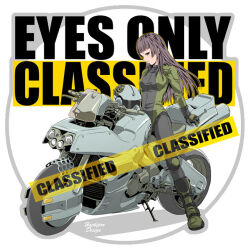  1girl artist_name biker_clothes bikesuit black_bodysuit black_eyes black_hair blunt_bangs bodysuit boots breasts closed_mouth english_text gloves green_bodysuit green_boots green_gloves hand_on_helmet helmet hime_cut kickstand kikou_souseiki_mospeada long_hair looking_at_viewer medium_breasts mospeada mospeada_(mecha) motor_vehicle motorcycle multicolored_bodysuit on_motorcycle original smile solo two-tone_bodysuit unworn_headwear unworn_helmet yamato_akira 