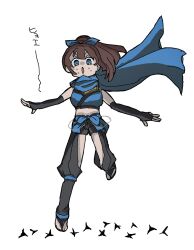  1girl :o bare_shoulders black_gloves black_hakama blue_bow blue_eyes blue_scarf bow breasts brown_hair chain clothing_cutout commentary_request detached_sleeves double-parted_bangs elbow_gloves fingerless_gloves full_body gloves hair_between_eyes hair_bow hakama hakama_pants high_ponytail highres idolmaster idolmaster_million_live! japanese_clothes landing looking_at_viewer medium_breasts micro_shorts midriff ninja open_mouth pants ponytail satake_minako scarf shaded_face shorts sidelocks simple_background solo spikes standing sweatdrop translation_request tu321 waraji white_background 