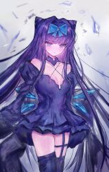  1girl animal_ears arcaea black_dress black_hair black_thighhighs blue_bow blue_eyes bow bumo cat_ears closed_mouth collar collarbone commentary cowboy_shot crystal_wings detached_collar double_bun dress fake_animal_ears frilled_collar frilled_skirt frills garter_belt hair_bow hair_bun hair_intakes highres long_hair long_sleeves looking_at_viewer off-shoulder_dress off_shoulder skirt solo tairitsu_(arcaea) tairitsu_(tempest)_(arcaea) thigh-highs thigh_strap white_background wings 