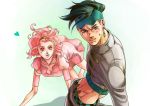  1boy 1girl dress earrings green_eyes green_hair hairband headband jewelry jojo_no_kimyou_na_bouken kishibe_rohan midriff mnr_1x4 pink_eyes pink_hair short_hair sugimoto_reimi 