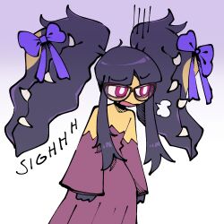  1girl arms_at_sides bare_shoulders black_hair bow closed_mouth commentary commission cowboy_shot detached_sleeves dress english_commentary english_text extra_mouth glasses gradient_background hatching_(texture) highres humanization linear_hatching long_hair long_sleeves looking_to_the_side mawile mega_mawile meltyloo open_mouth pokemon pokemon_(creature) pokemon_focus puff_of_air purple-framed_eyewear purple_background purple_bow purple_dress sharp_teeth sidelocks sigh sleepy solo sound_effects teeth twintails violet_eyes white_background 