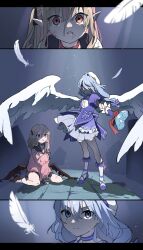  2girls angel_wings ankle_strap beret black_sailor_collar black_shoes black_skirt black_wings blonde_hair blue_bow blue_choker blue_hair blue_shirt blue_shoes blue_skirt bow choker closed_mouth collar determined dirty dirty_clothes dirty_face falling_feathers feathered_wings feathers frilled_socks frills gloves grey_background hair_between_eyes hair_bow hand_on_own_arm hat heart_wand highres holding holding_wand jacket light_particles long_bangs long_hair looking_at_another looking_at_viewer low_wings magical_girl makaino_ririmu makaino_ririmu_(4th_costume) miniskirt multicolored_hair multiple_girls multiple_views nijisanji open_mouth pink_hair pink_jacket pleated_skirt pointy_ears protecting puffy_short_sleeves puffy_sleeves red_collar red_eyes sailor_collar shirt shoes short_sleeves single_hair_intake sitting skirt sleeves_past_wrists socks standing streaked_hair tearing_up torn_wings two-tone_hair two_side_up violet_eyes virtual_youtuber wand wariza white_feathers white_gloves white_hat white_socks white_wings why_(omaemona) wings yuuki_chihiro yuuki_chihiro_(8th_costume) 