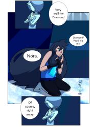  2girls alternate_universe ballerina ballet_dress blue_eyes blue_gem blue_pearl_(steven_universe) demondionysus gem gem_(steven_universe) giant giantess highres homeworld_gem_salute homeworld_gem_uniform if_they_mated long_hair multiple_girls nora_universe_(demondionysus) rebecca_sugar_(style) sleeveless speech_bubble steven_universe 