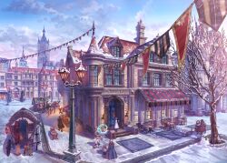  architecture bare_tree blue_sky chair chimney cityscape clouds commentary_request concept_art day highres lamppost lantern maid open_door original outdoors people pet_walking rappiihiroshi road scenery sidewalk sky snow snowman street string_of_flags table tower tree wagon walking winter winter_clothes 