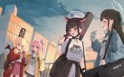  absurdres airi_(band)_(blue_archive) airi_(blue_archive) animal_ears black_hair black_skirt blonde_hair blue_archive blue_jacket bracelet brown_eyes cat_ears clothes_around_waist commentary_request food green_halo guitar_case halo highres holding holding_food holding_phone instrument_case jacket jacket_around_waist jewelry kazusa_(band)_(blue_archive) kazusa_(blue_archive) natsu_(band)_(blue_archive) natsu_(blue_archive) phone pink_eyes pink_hair pink_halo pink_skirt red_eyes red_jacket shirt skirt sunset white_shirt white_skirt yellow_halo yellow_jacket yoshiharu_auf yoshimi_(band)_(blue_archive) yoshimi_(blue_archive) 